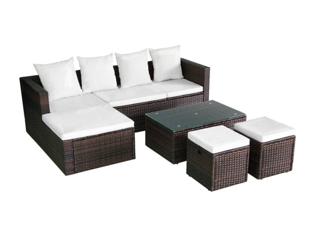4-piece garden furniture set with cushions, brown woven resin, FKJZ16598