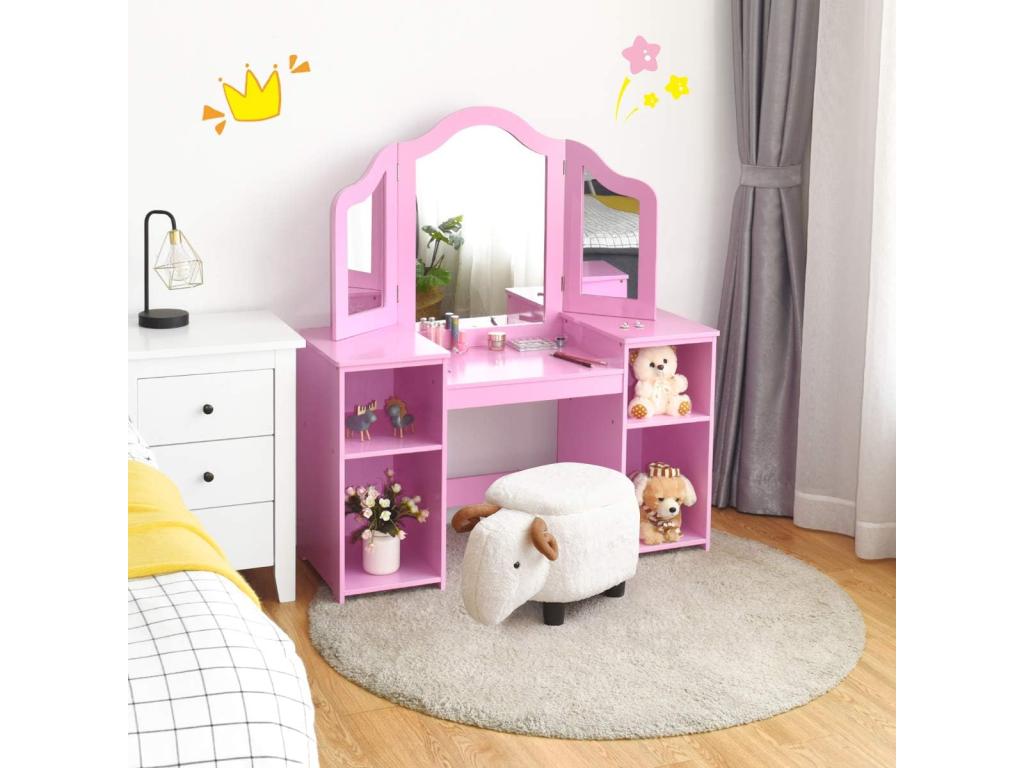 2-in-1 Children's Dressing Table with Removable Mirror, Kids' Desk with 4 Princess-Style Shelves for Girls, Pink EASA87733