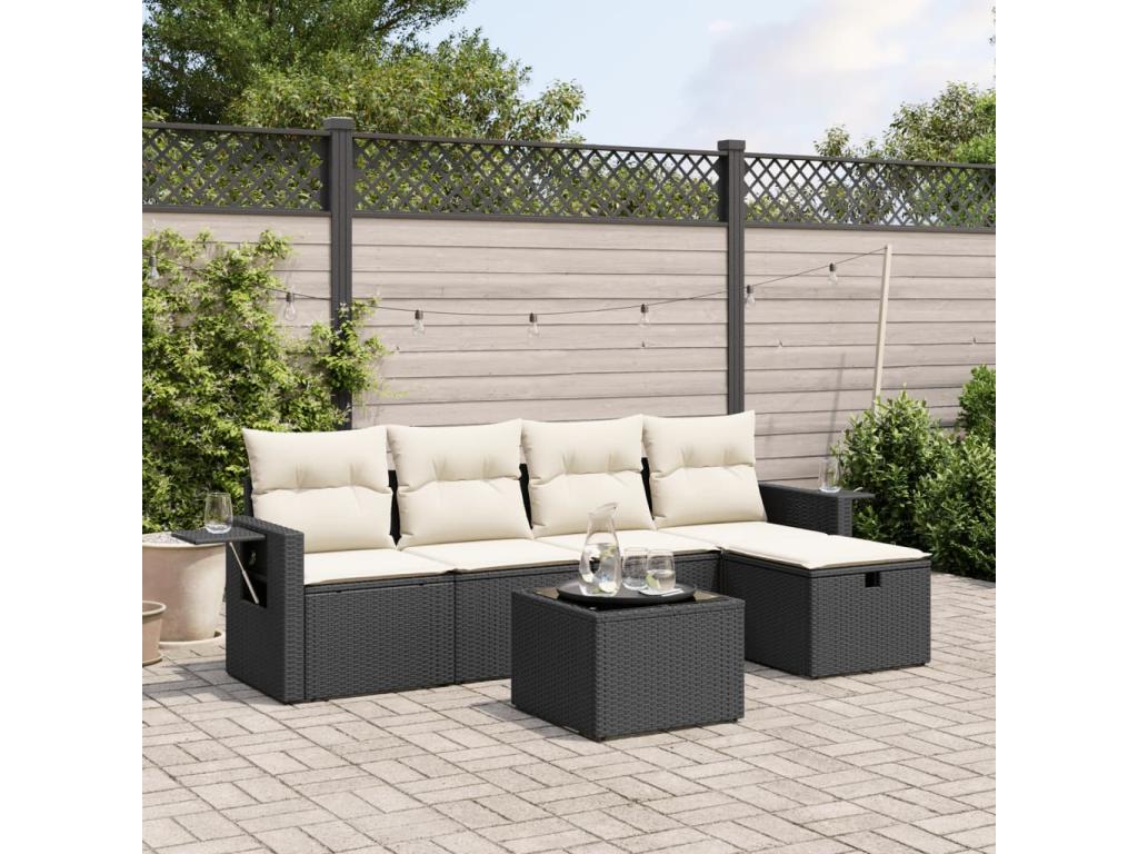6-piece garden furniture set with cushions, black woven resin LMZO07750