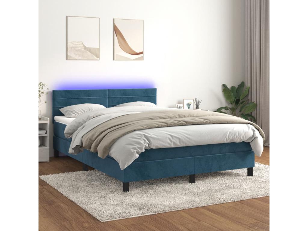 Upholstered bed base with mattress and LED light, dark blue, 140x200 cm, velvet, YUBF49471