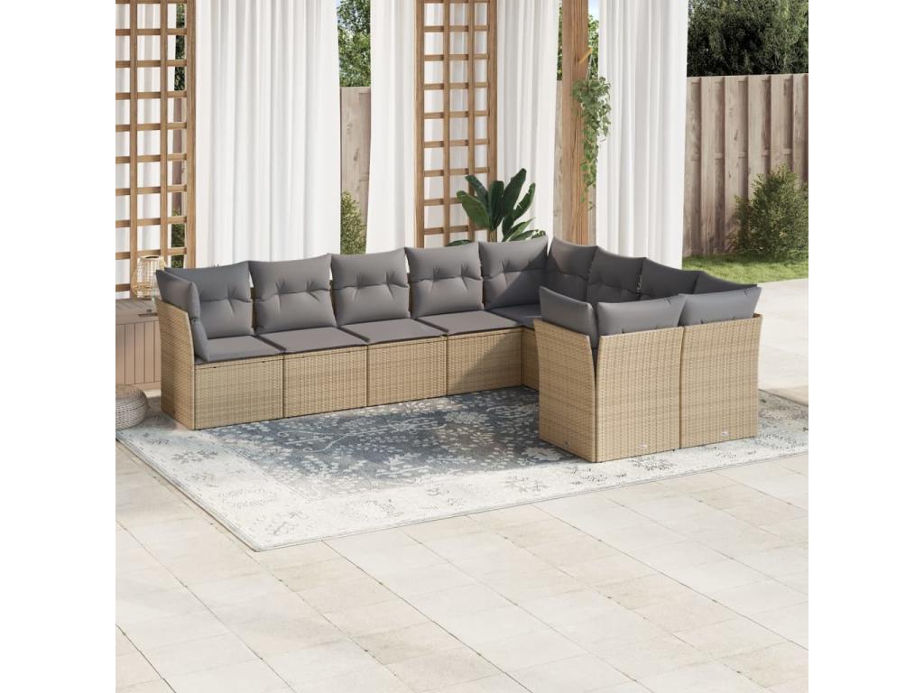Garden furniture set with cushions, 9 pieces, beige woven resin, QMAP63916