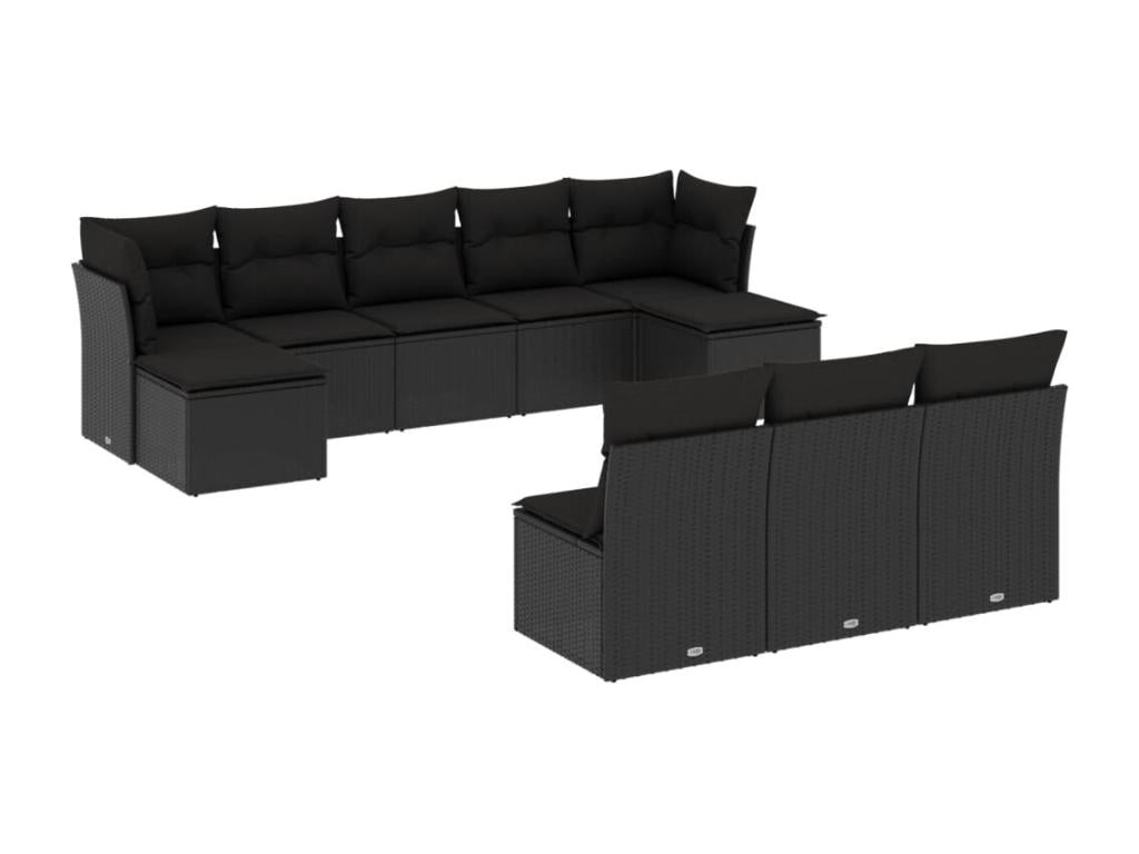 10-piece garden furniture set with cushions, black woven resin QMQK54242