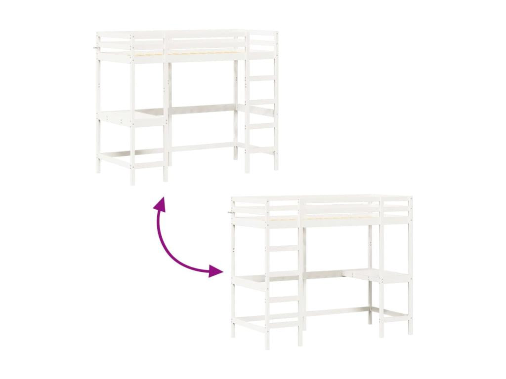 Bunk bed with desk, white, 90x200 cm, solid pine wood, LDAW01553