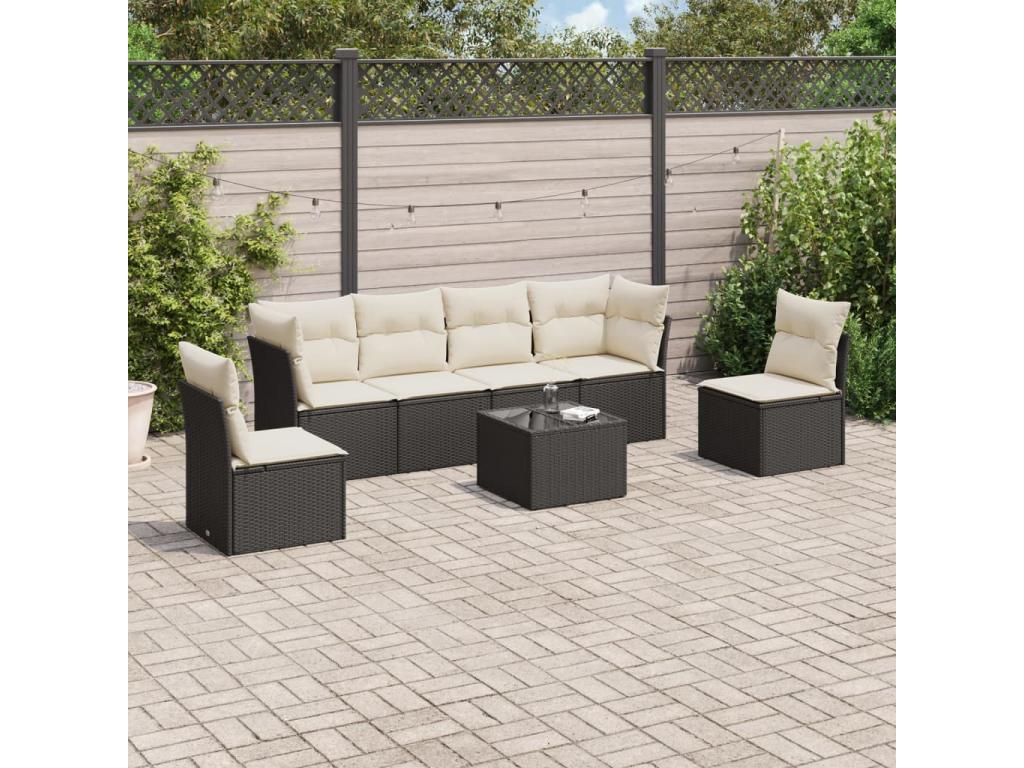 7-piece garden furniture set with cushions, black woven resin AERL90000