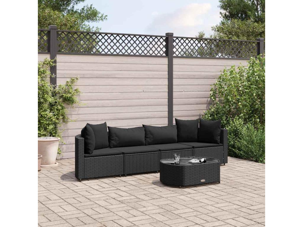5-piece garden furniture set with cushions, black woven resin TTDT09570