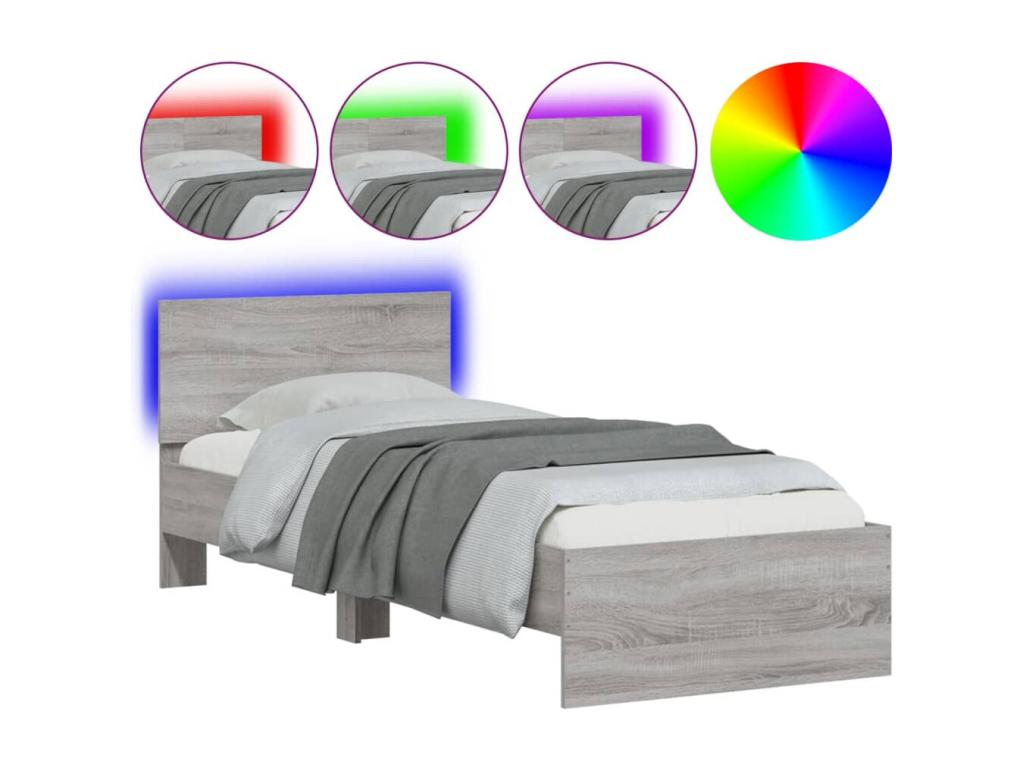 Bed frame, headboard and Dekonaoères LED light, grey, 90x200 cm, RAUL12612