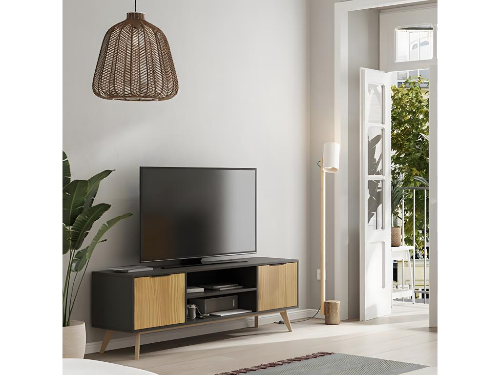 Dekonao - 140cm TV Stand with 2 Doors, Scandinavian Style, Solid Waxed Pine SOXD44615