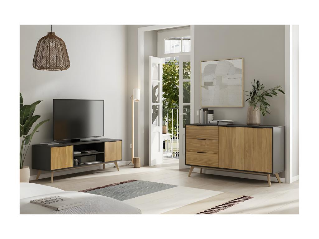 Dekonao - 140cm TV Stand with 2 Doors, Scandinavian Style, Solid Waxed Pine SOXD44615