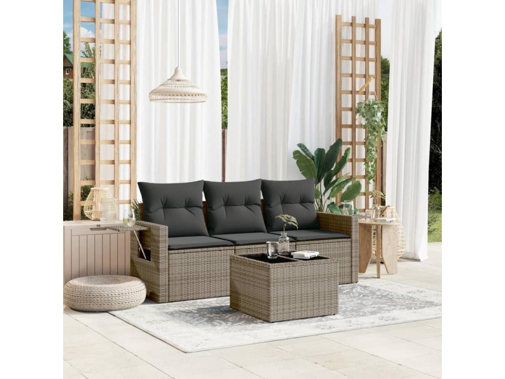 4-piece garden furniture set with grey resin wicker cushions VWNN89964
