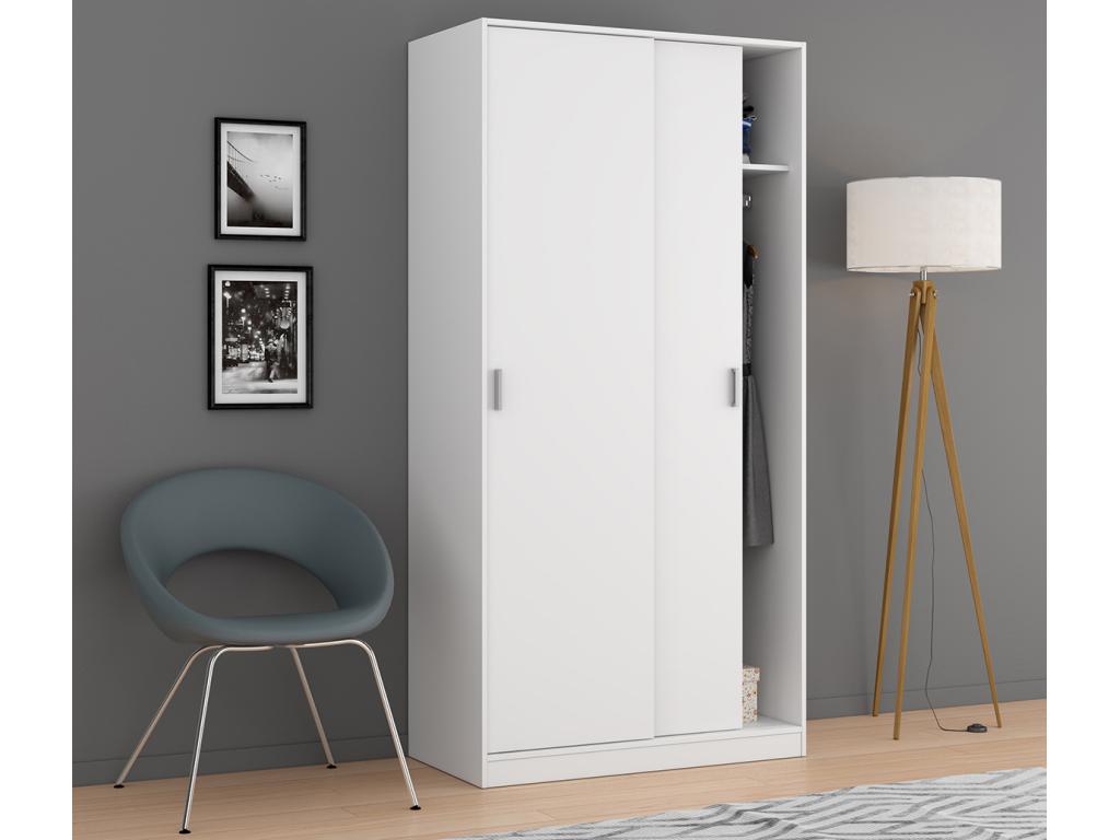 Wardrobe with 2 Sliding Doors, White - Dimensions: W 100 cm x H 200 cm x D 50 cm NLVW74588