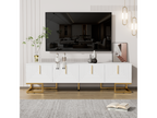 TV unit 170x40x45.5cm with 4 structured doors, gold handles and gold legs in white particleboard ECQD18042