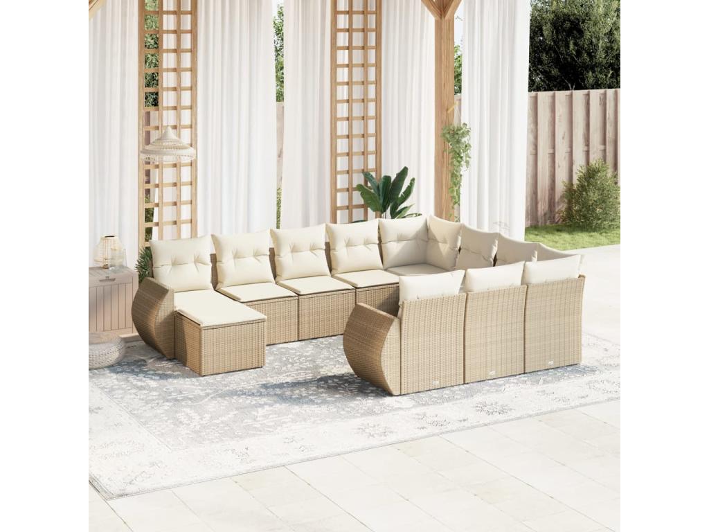 11-piece garden furniture set with beige cushions, woven resin XUQO08024
