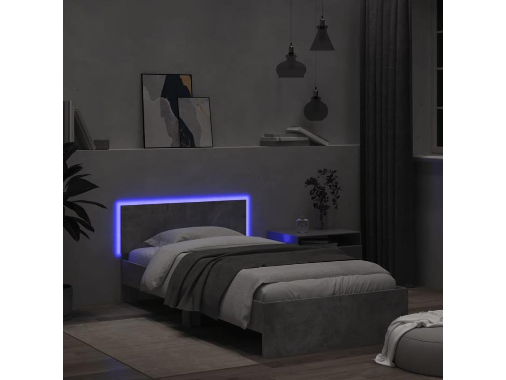 Bed frame, headboard and LED lighting, concrete grey, 100x200 cm XZRE85429