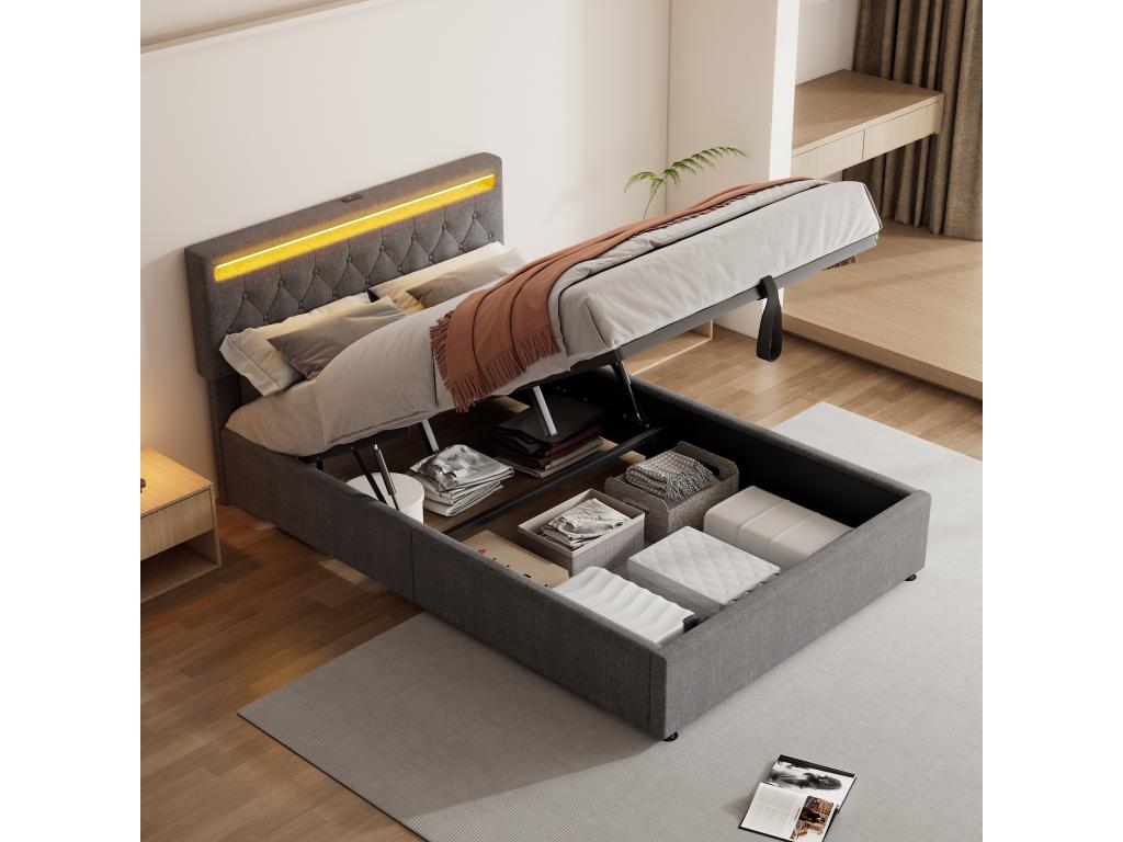 140x200 cm storage bed with USB Type-C ports - LEDs - Linen fabric - Grey RTKU00425
