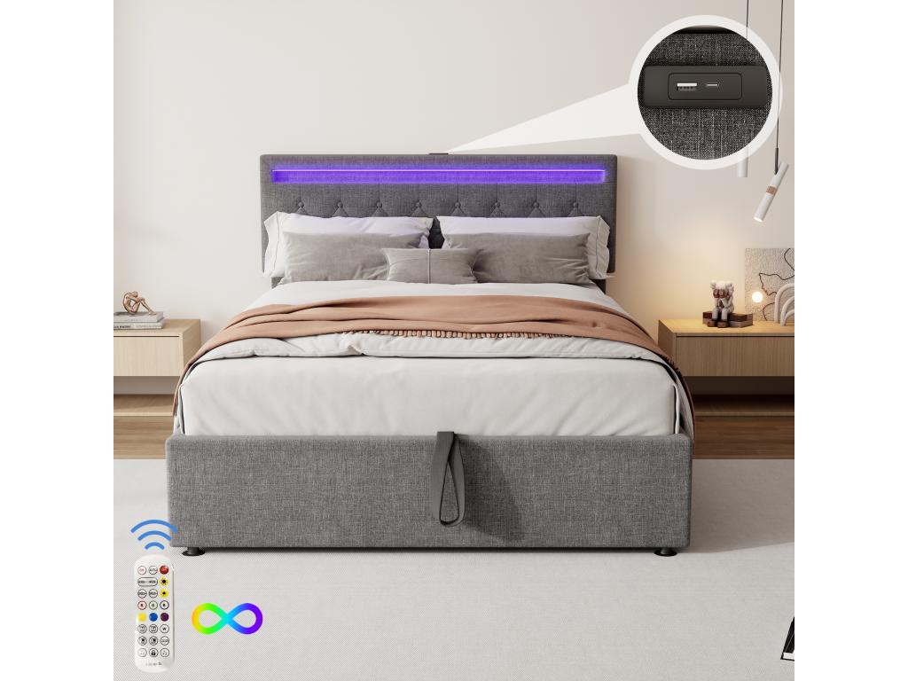 140x200 cm storage bed with USB Type-C ports - LEDs - Linen fabric - Grey RTKU00425