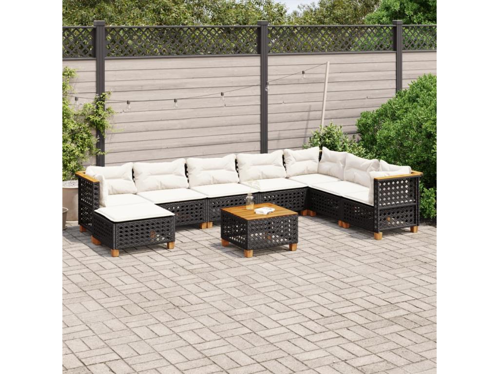 9-piece garden furniture set with cushions, black resin wicker AOOJ60365