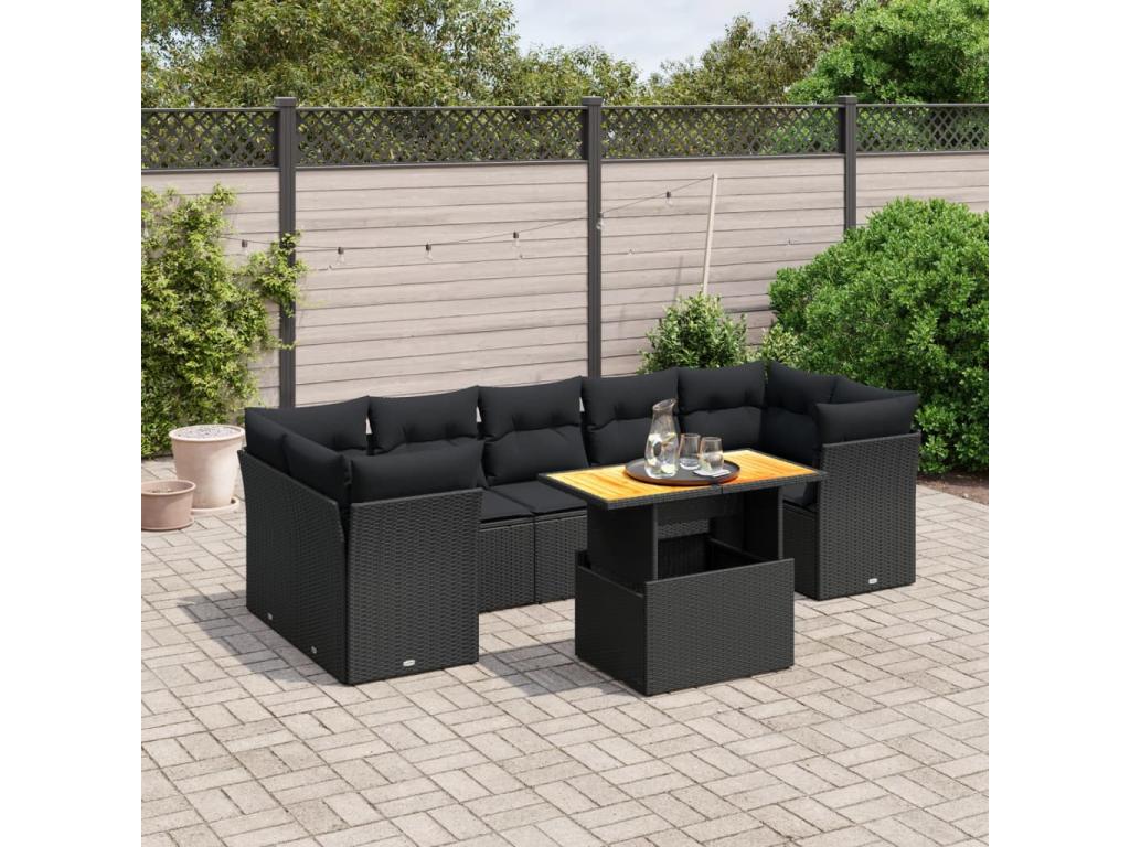 8-piece garden furniture set with cushions, black resin wicker YKTY74856