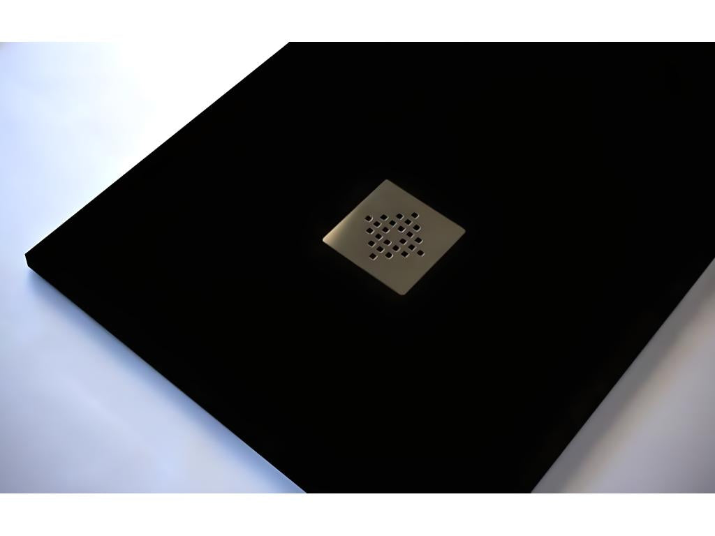 Extra-flat 90x170 cm PURE shower tray in black slate-effect resin with stainless steel grate CNOJ00587