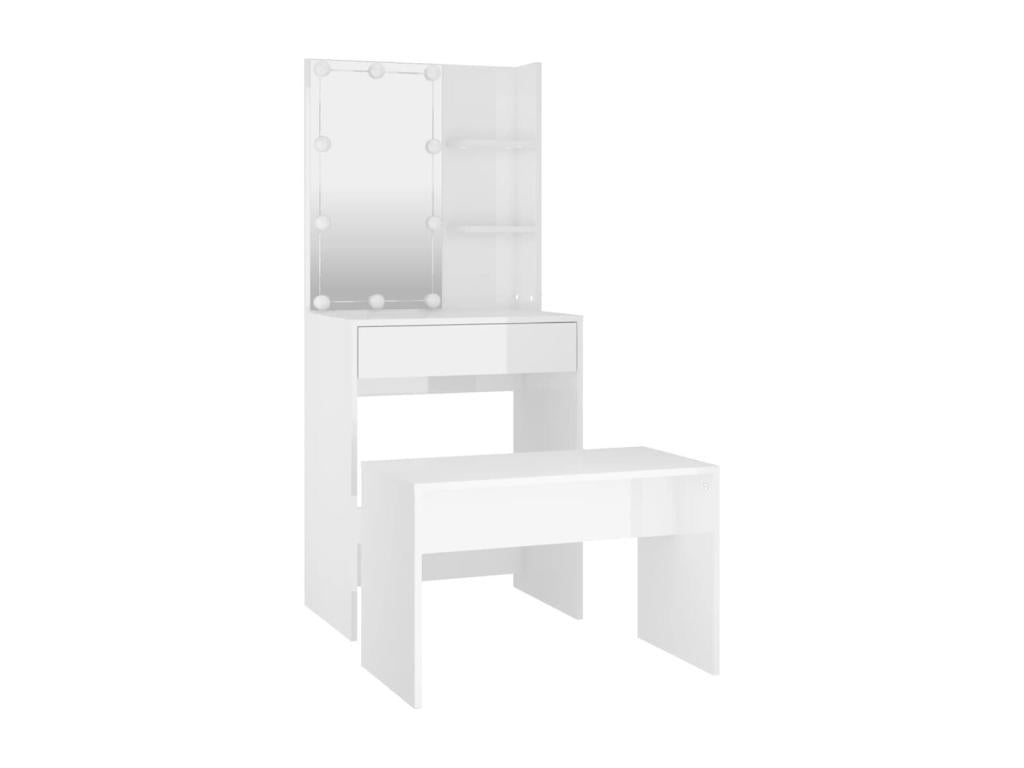 Dressing table set with LED, glossy white, engineered wood, UWII02238