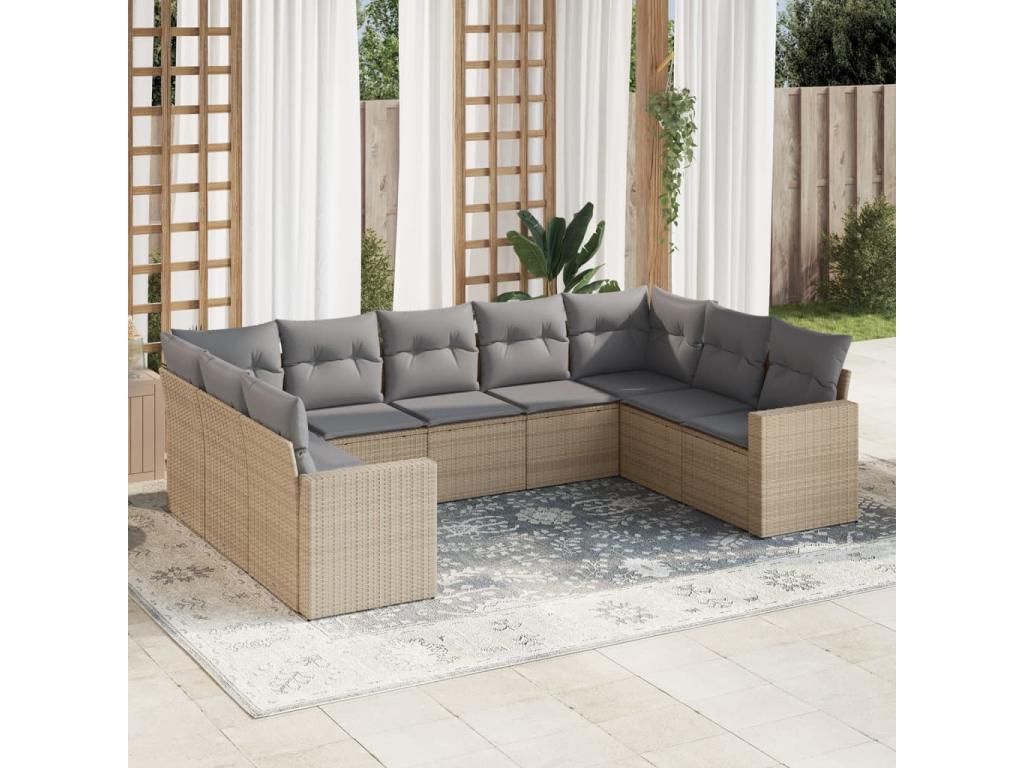 9-piece garden furniture set with cushions, beige woven resin TVKD52127