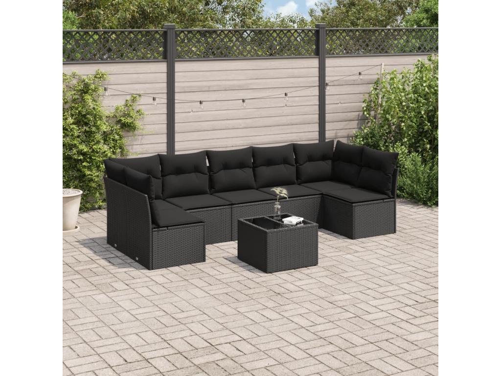8-piece garden furniture set with cushions, black resin wicker OMVJ73538