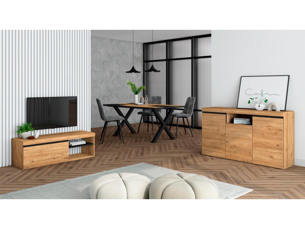 Living room furniture set: 170cm two-tone table with legs, seats 8; 120cm TV stand; 140cm sideboard/buffet in industrial black oak (KUOC49705)