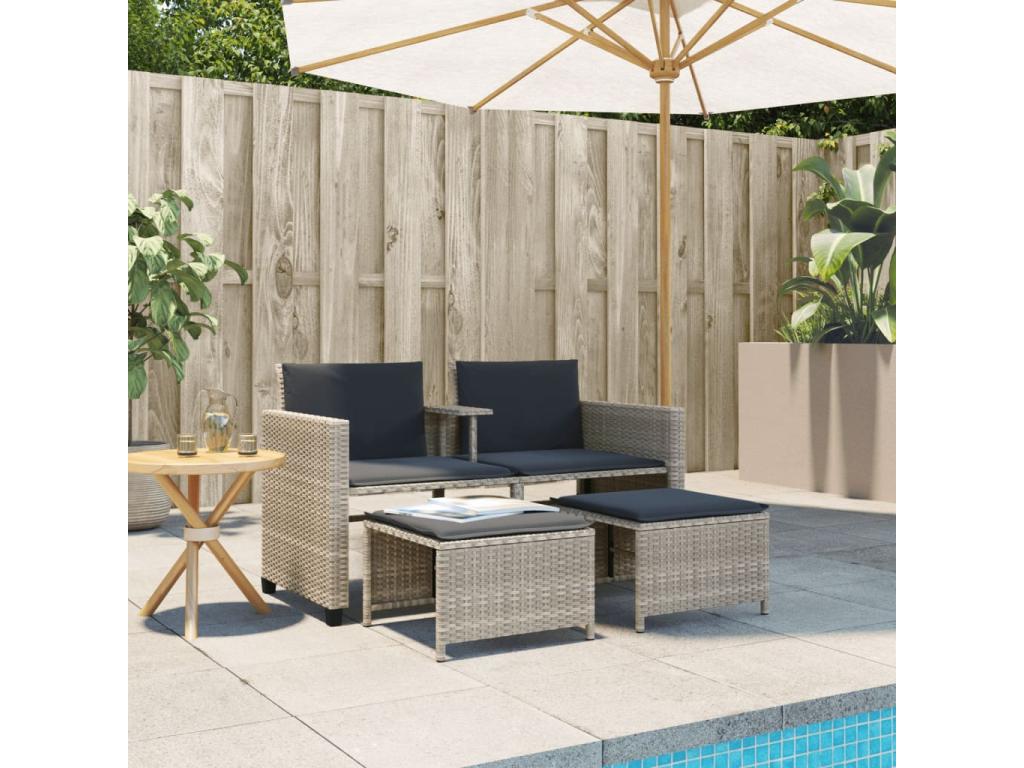 2-seater garden sofa with table and stools, light grey rattan UJDJ97379