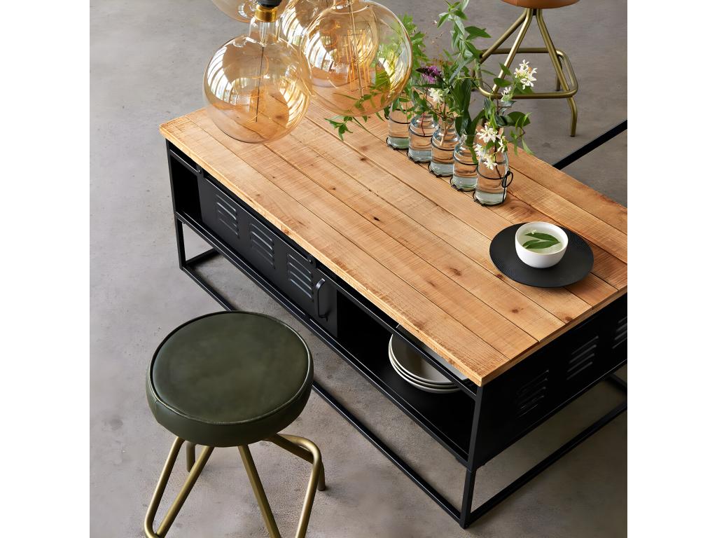 Coffee table with storage in fir and iron - Length 110 x Height 45 x Depth 60 cm MZTC59880