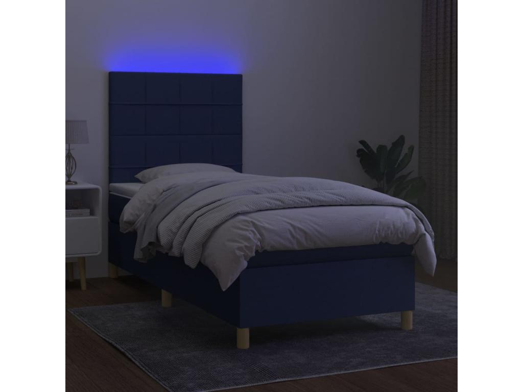 Upholstered bed base with mattress and blue LED lighting, 90x190 cm, fabric XFVT92014