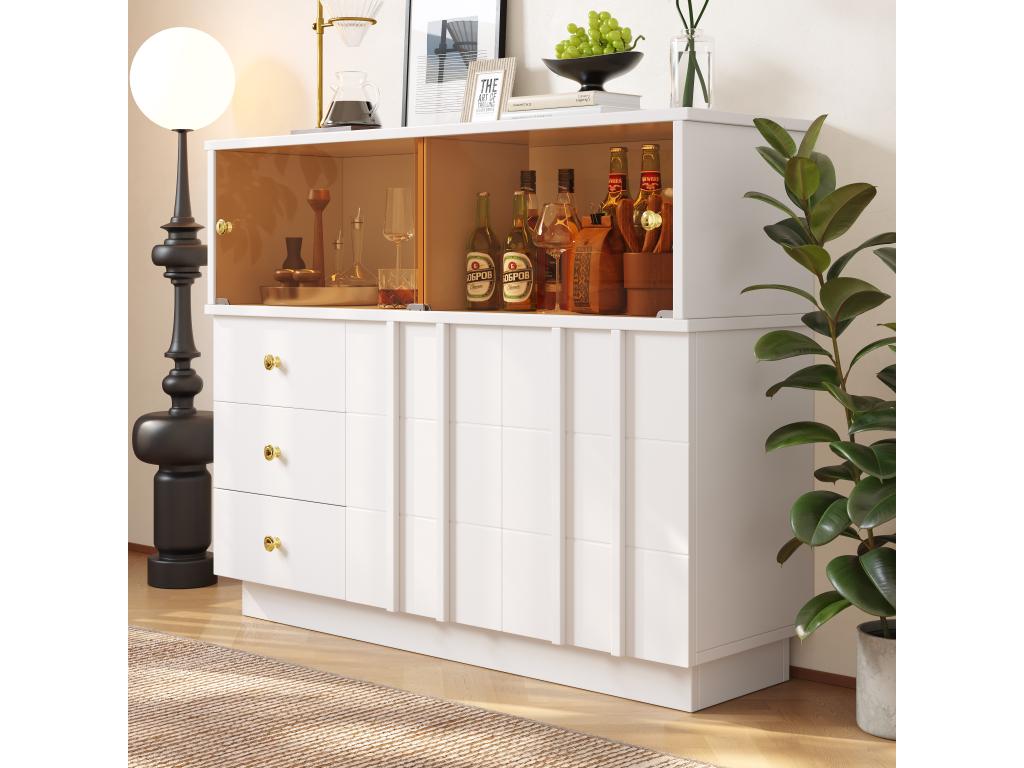 Kitchen sideboard cabinet with 4 doors and 3 drawers - 120x33x95 cm - MDF wood and smoked glass doors - White TPON39886