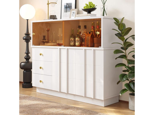 Kitchen sideboard cabinet with 4 doors and 3 drawers - 120x33x95 cm - MDF wood and smoked glass doors - White TPON39886