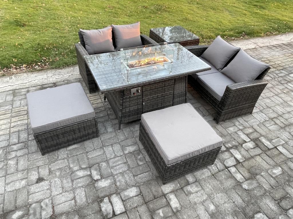 6-Seater Rattan Garden Furniture Set Sofa Chair Set with 2 Large Stools HJZE18928