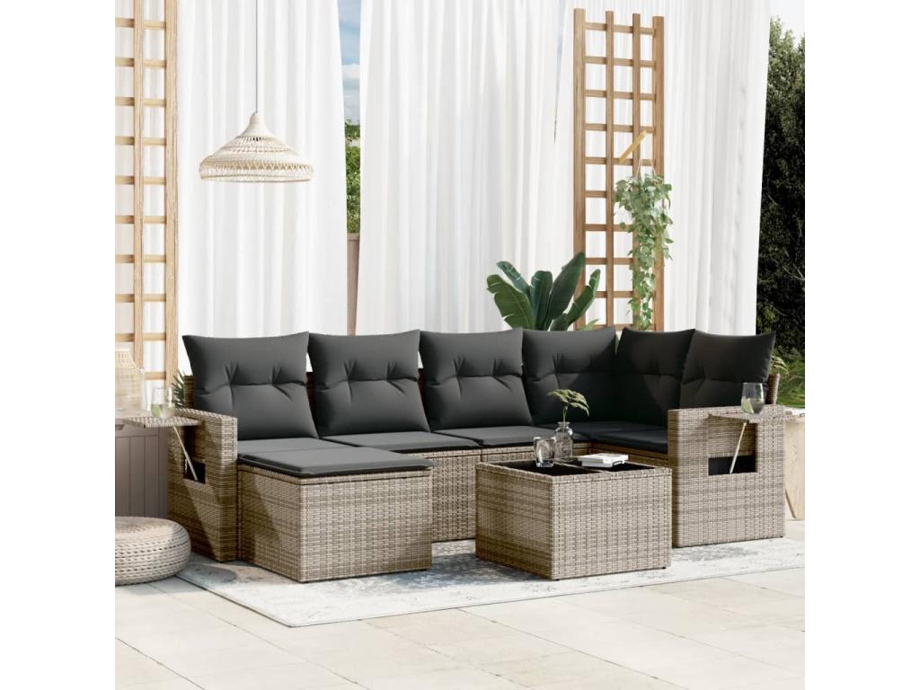 7-piece garden furniture set with cushions, grey woven resin ZNJH03285