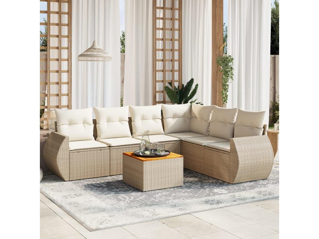 7-piece garden furniture set with cushions, beige woven resin BZKS40305