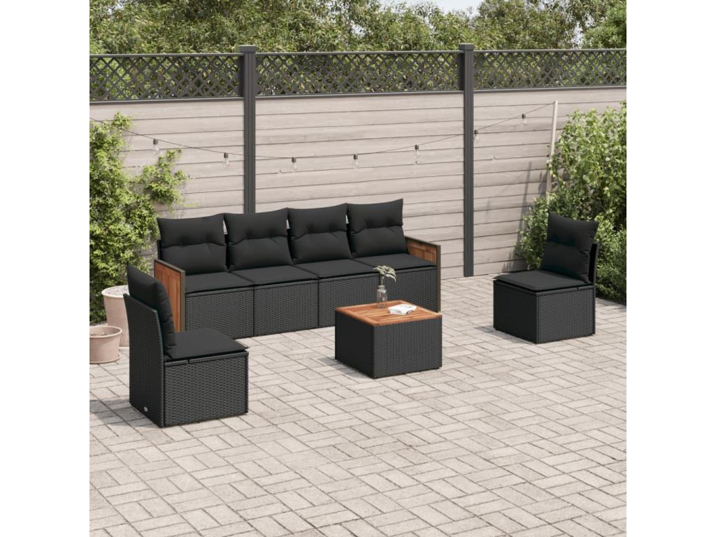 7-piece garden furniture set with cushions, black woven resin NEOO82618