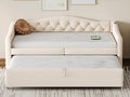 Dekonao 90x200cm / 90x190cm Linen Trundle Bed - with USB Port and Slatted Base - Beige QVFU89986