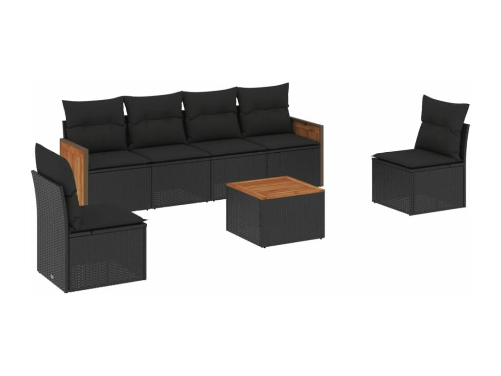 7-piece garden furniture set with cushions, black woven resin NEOO82618