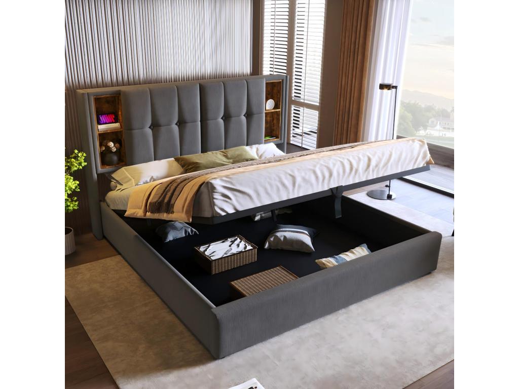Upholstered cotton storage bed for 2 people, 140x200cm, with USB wireless charging and 4 drawers, Grey WSAM58524