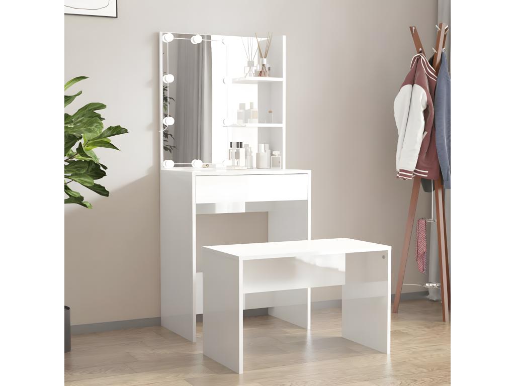 Dressing table set with LED, glossy white, engineered wood, UWII02238