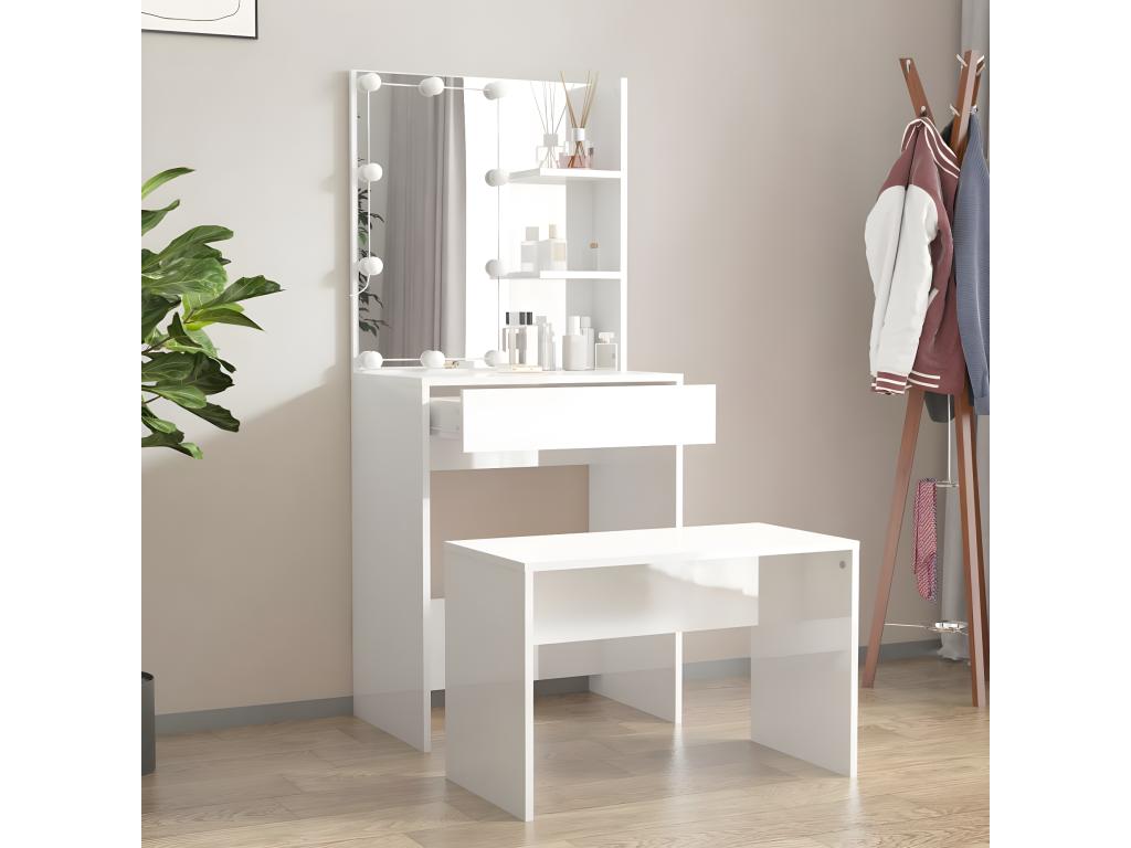 Dressing table set with LED, glossy white, engineered wood, UWII02238