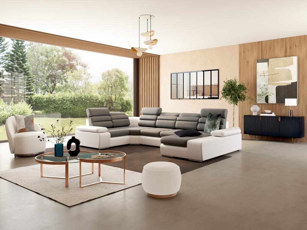 Boisona panoramic corner sofa bed in fabric and faux leather - Two-tone Grey/White - Right-hand corner ICRH60487