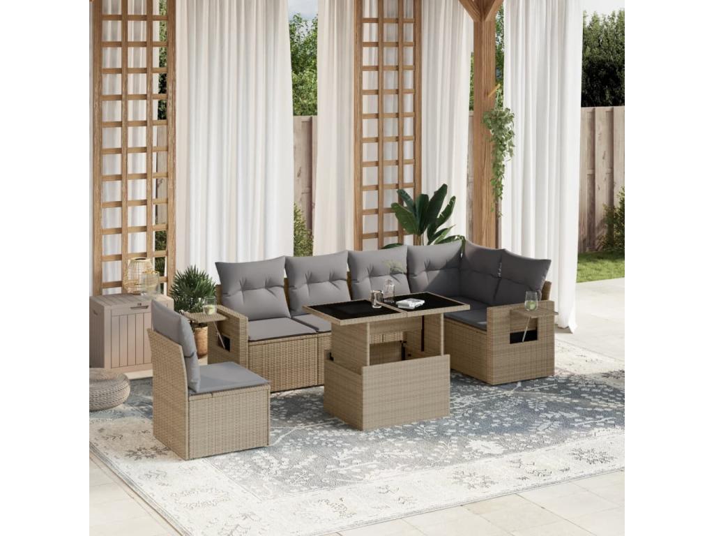 7-piece garden furniture set with cushions, beige woven resin UHNK91337