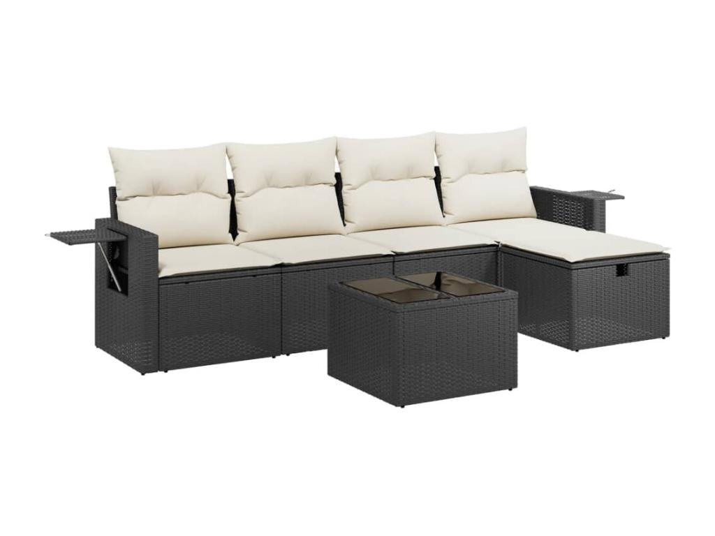 6-piece garden furniture set with cushions, black woven resin LMZO07750