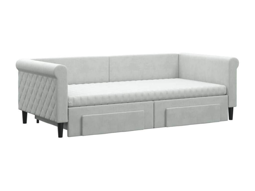 Daybed with pull-out bed and drawers, light grey, 90x190cm, velvet, HMYS09142