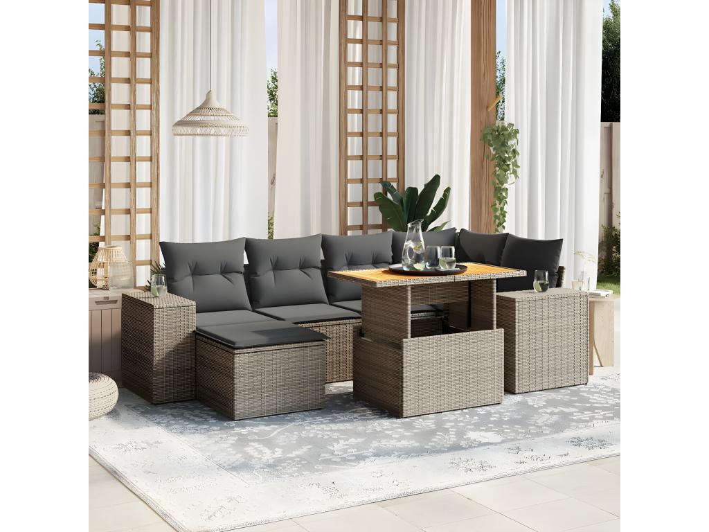7-piece garden furniture set with cushions, grey woven resin JBHD95714
