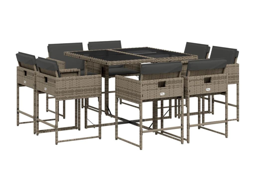 9-piece garden dining set with grey resin wicker cushions WRWG42494