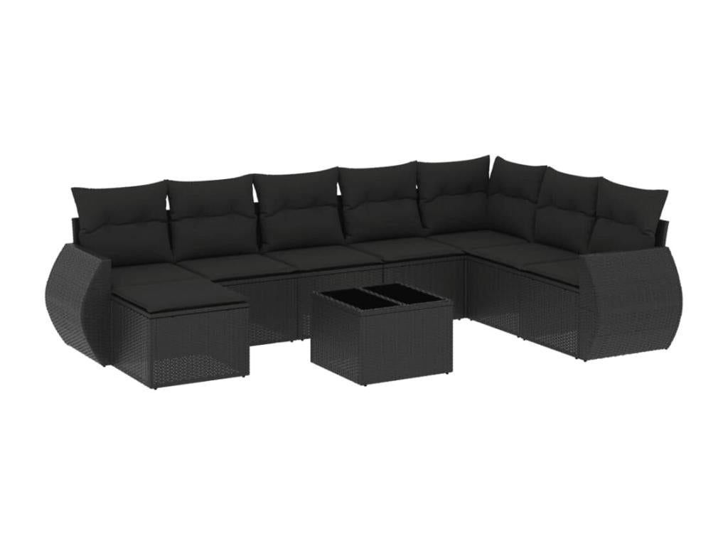 9-piece garden furniture set with cushions, black woven resin IXNL75695