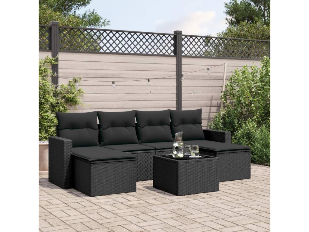 7-piece garden furniture set with cushions, black woven resin YNOI09580