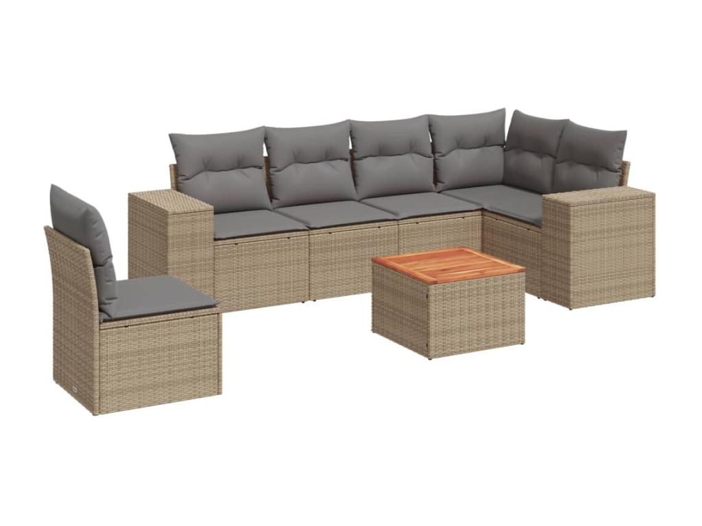 7-piece garden furniture set with cushions, beige woven resin BVOQ89336
