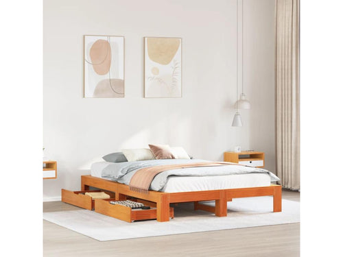 Bed frame without mattress, brown wax finish, 140x190cm, solid pine wood, OEOR31016